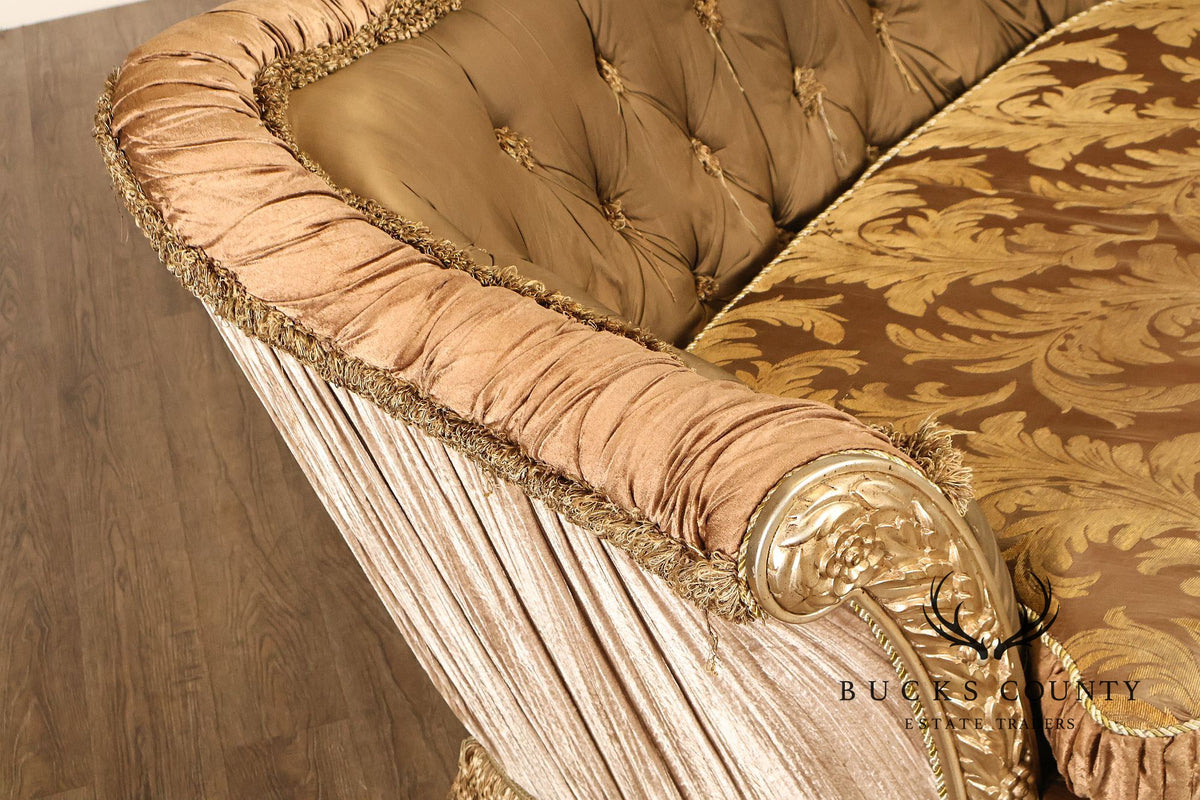 Tufted Rococo Camelback Sofa With Carved Gilt Trim