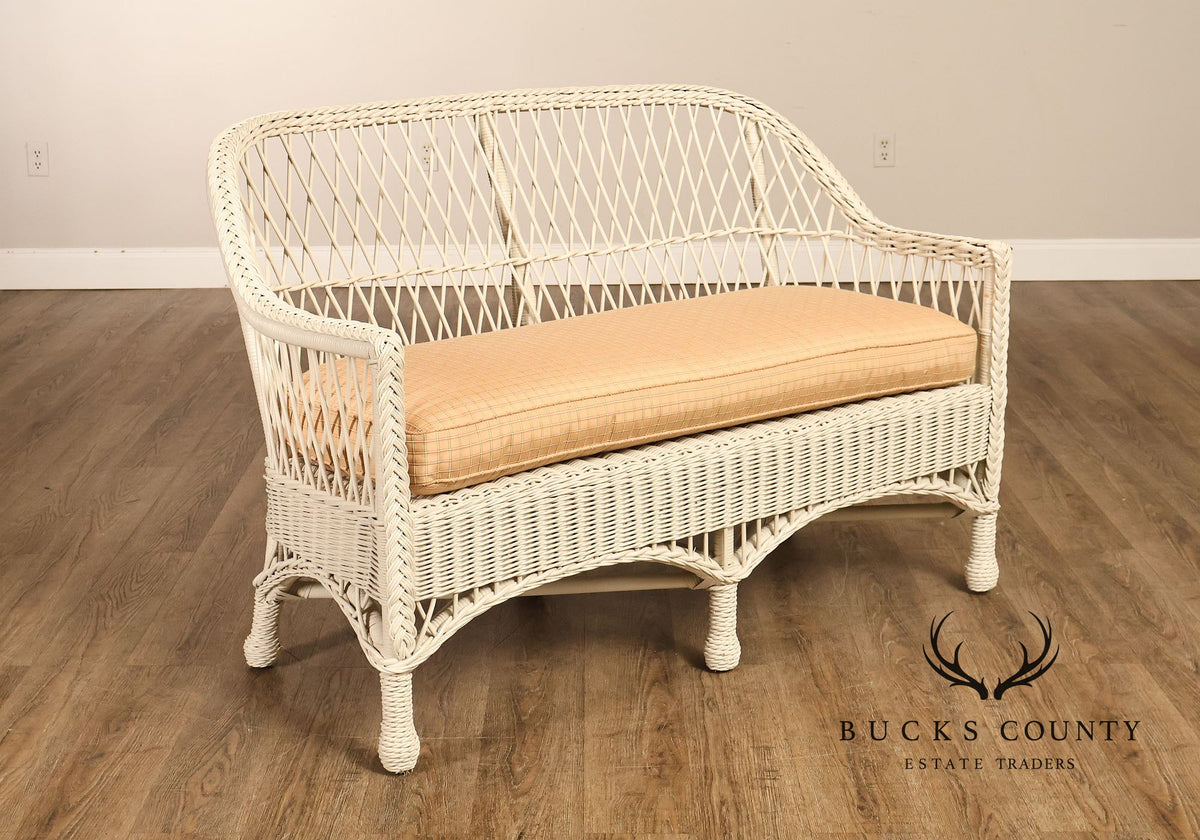 Vintage White Wicker Loveseat With Upholstered Seat Cushion