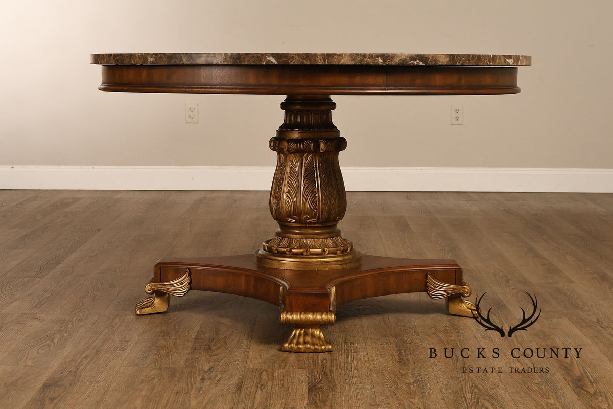 Drexel Neoclassical Revival Round Marble Top Pedestal Dining or Center Table With Claw Feet