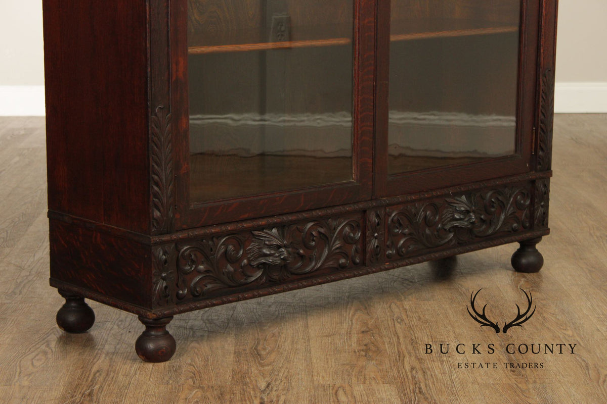 Antique Renaissance Revival Carved Oak Glass Door Bookcase