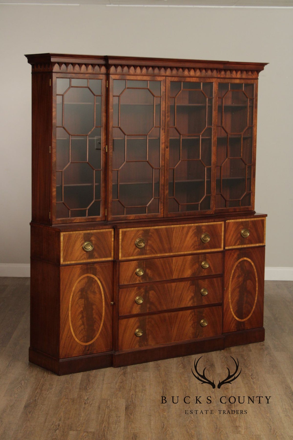 1940's Georgian Style Mahogany Breakfront Secretary Bookcase With Inlaid Detailing