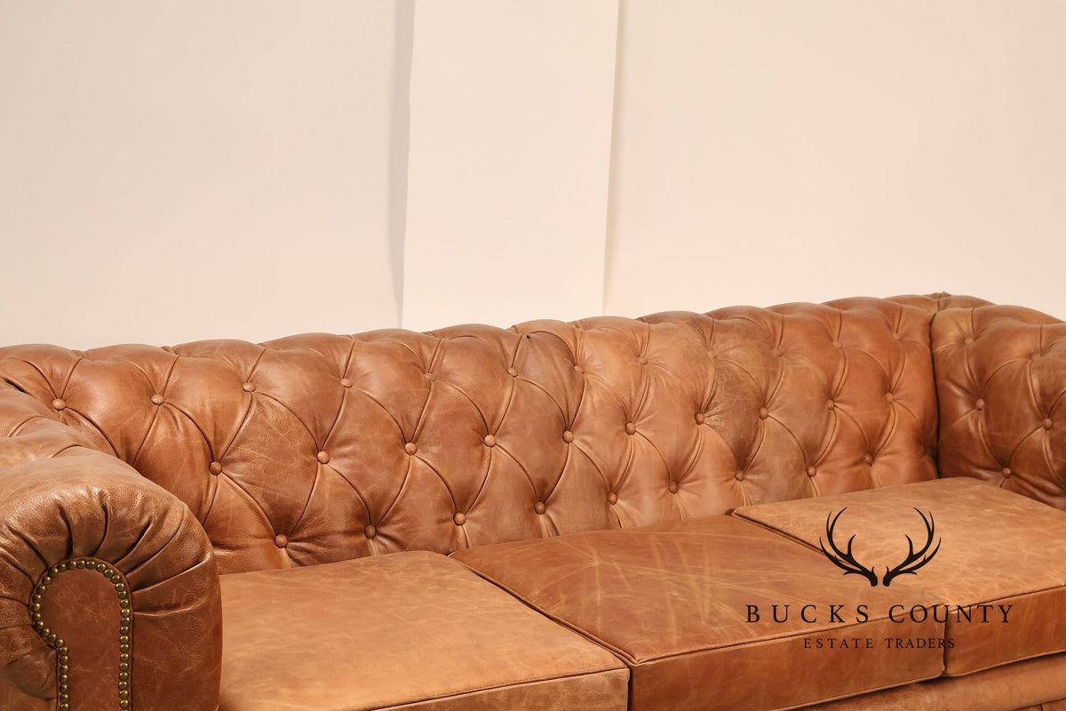 Chesterfield Style 7 Foot Distressed Brown Tufted Leather Sofa