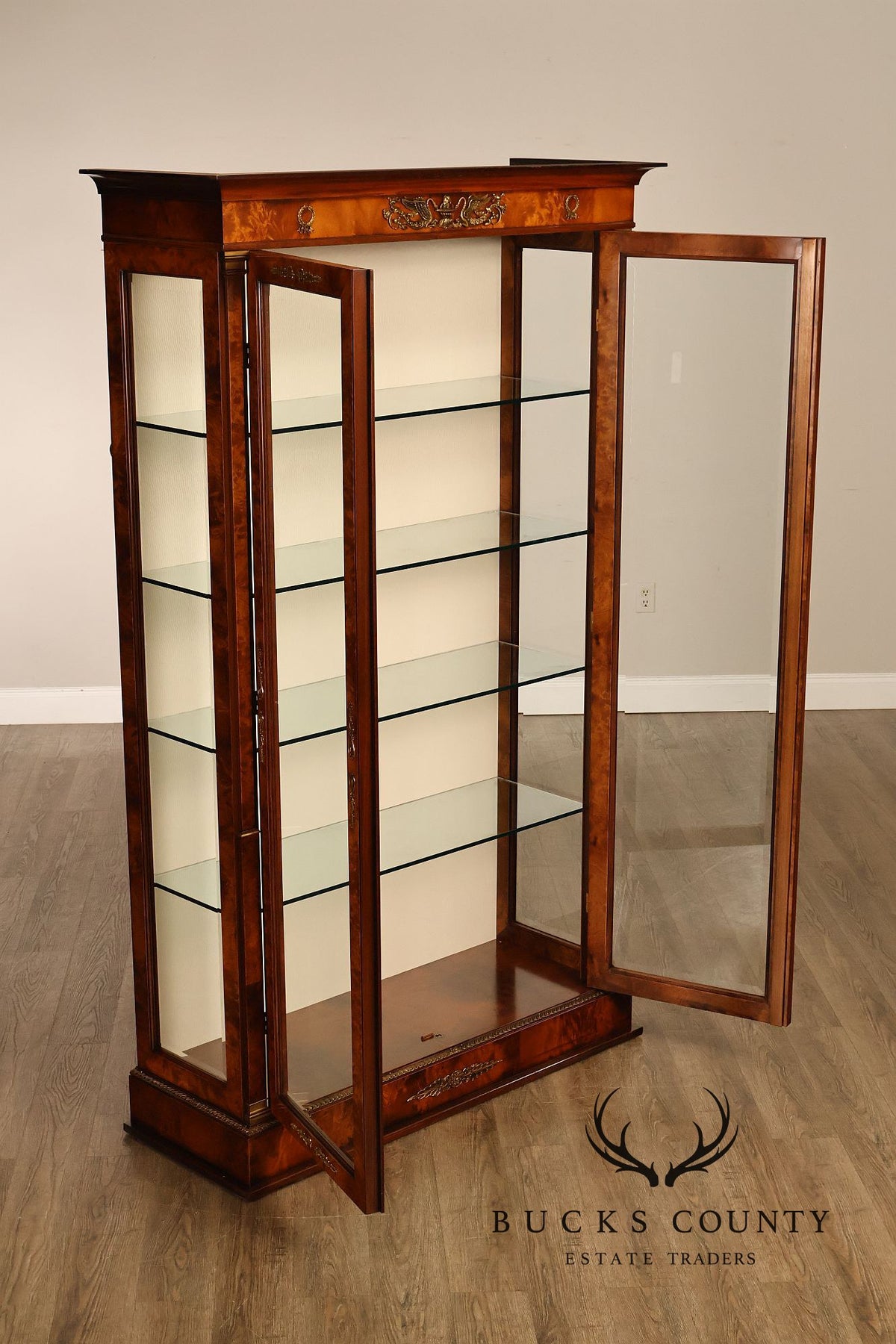 French Empire Style Burl Wood Vitrine Display Cabinet