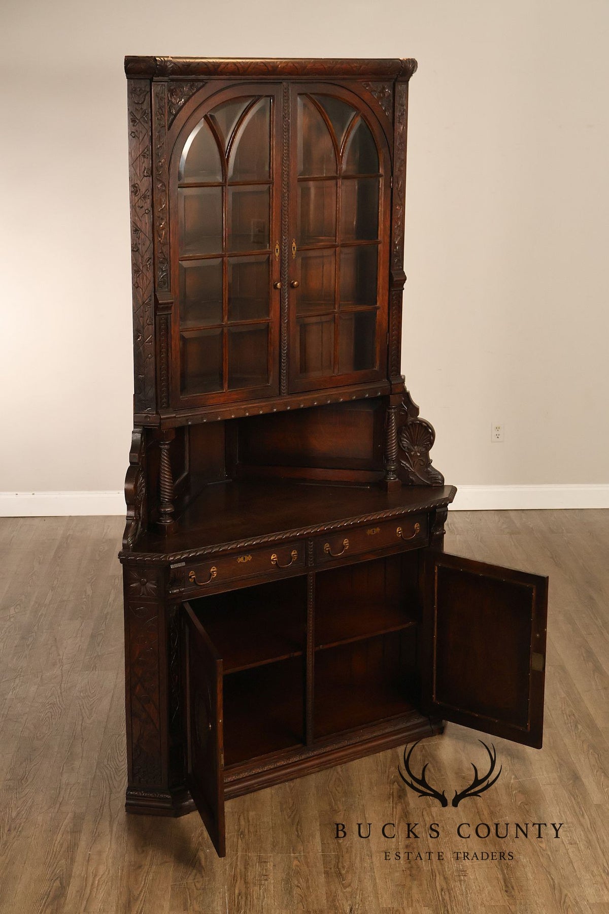 Antique RJ Horner Style Victorian Carved Oak Corner Cabinet