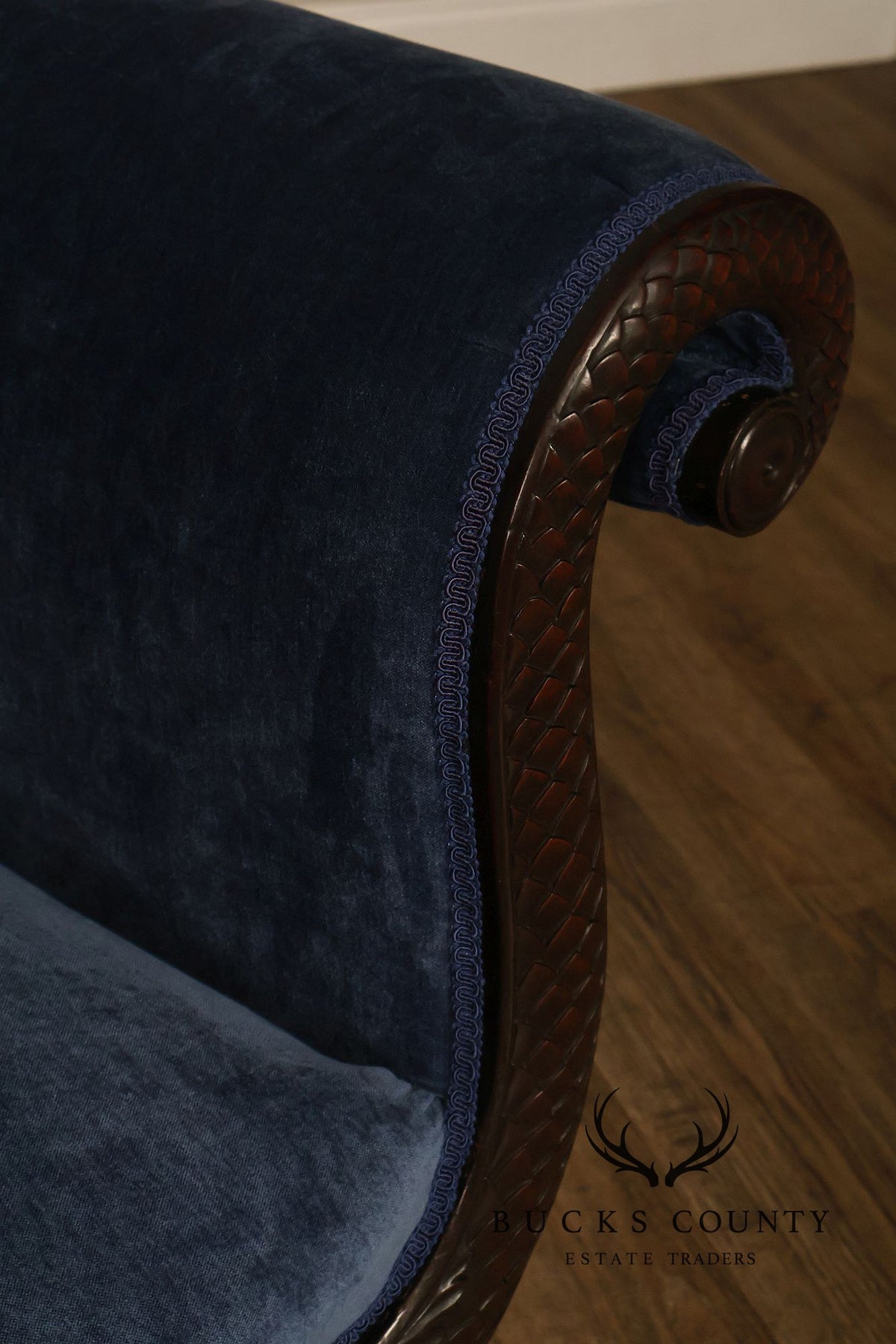 Antique American Empire Mahogany Carved Swan Arm Sofa With Blue Upholstery