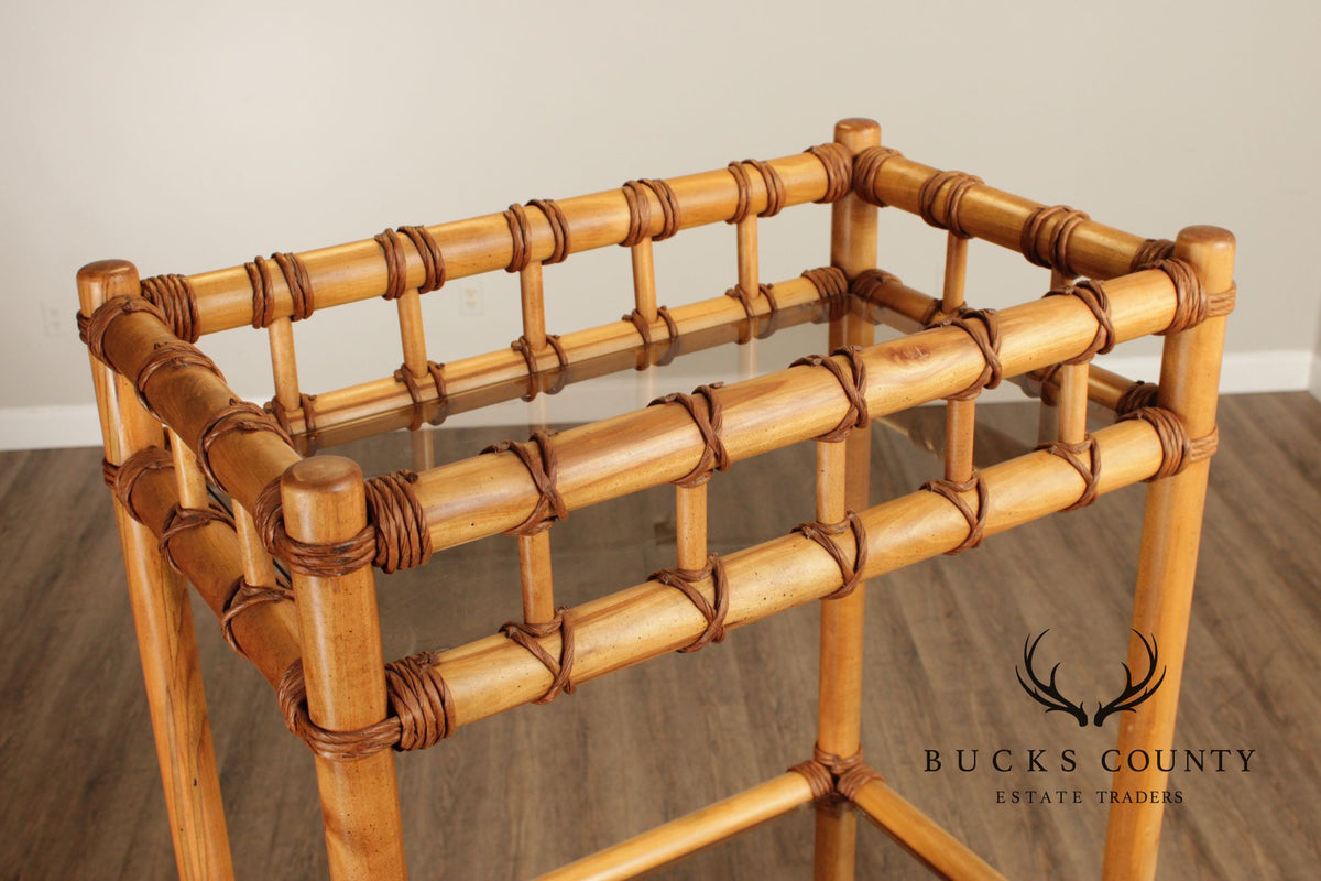 Vintage Coastal Style Bamboo And Glass Shelf Etagere
