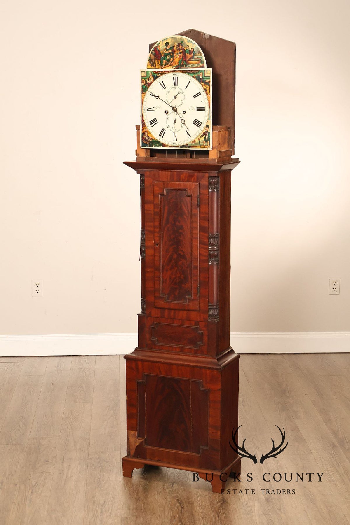Antique Mahogany Tall Case Grandfather Clock With Painted Dial By Dundee