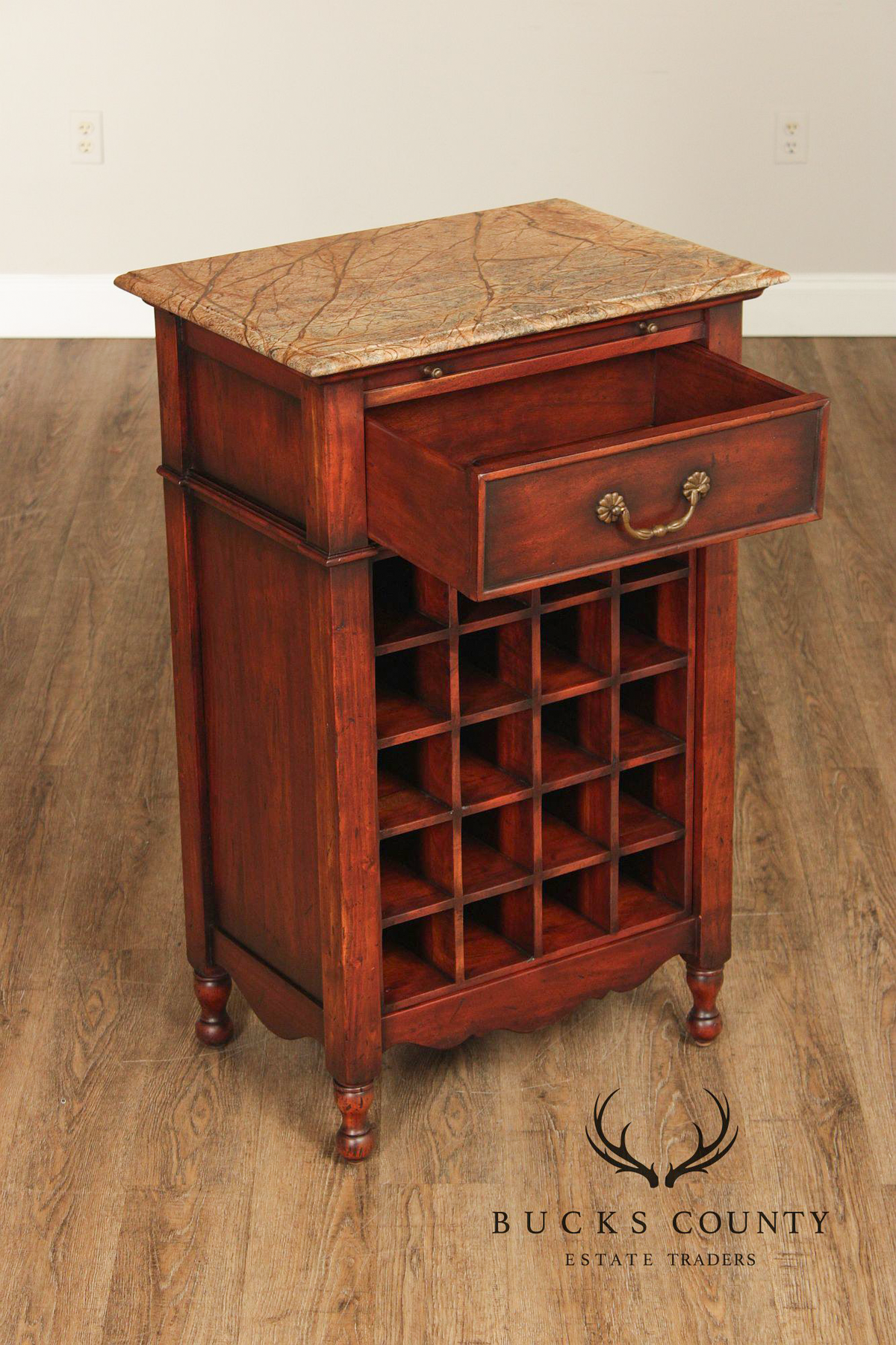 French Country Style Marble Top Wine Rack Cabinet With Drawer, Cherry Finish
