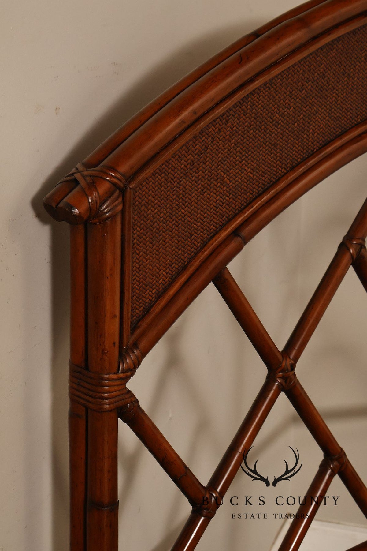 Chinese Chippendale Style Faux Bamboo and Rattan Queen Bed Frame