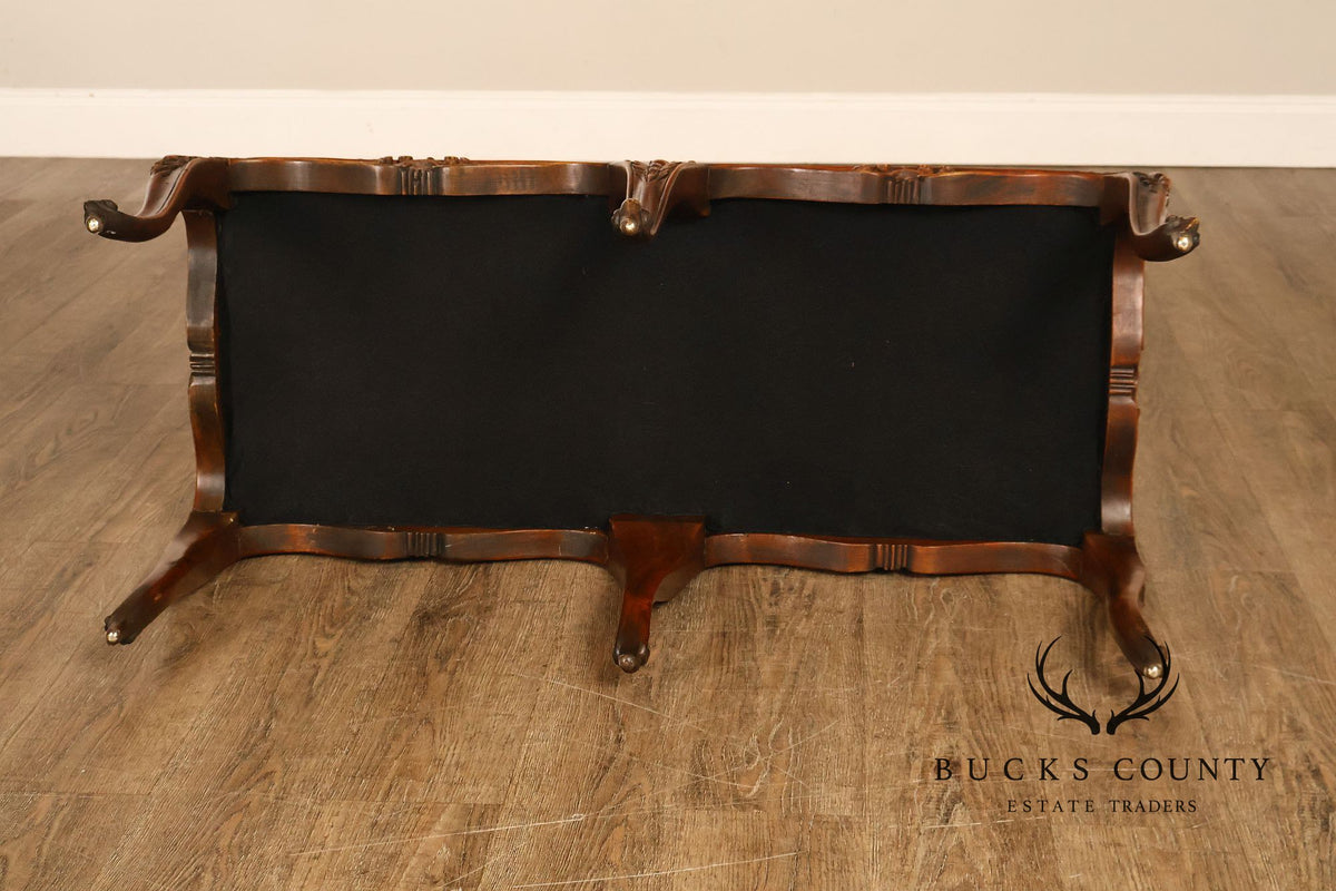 Rococo Style Leather Upholstered Carved Mahogany Window Bench