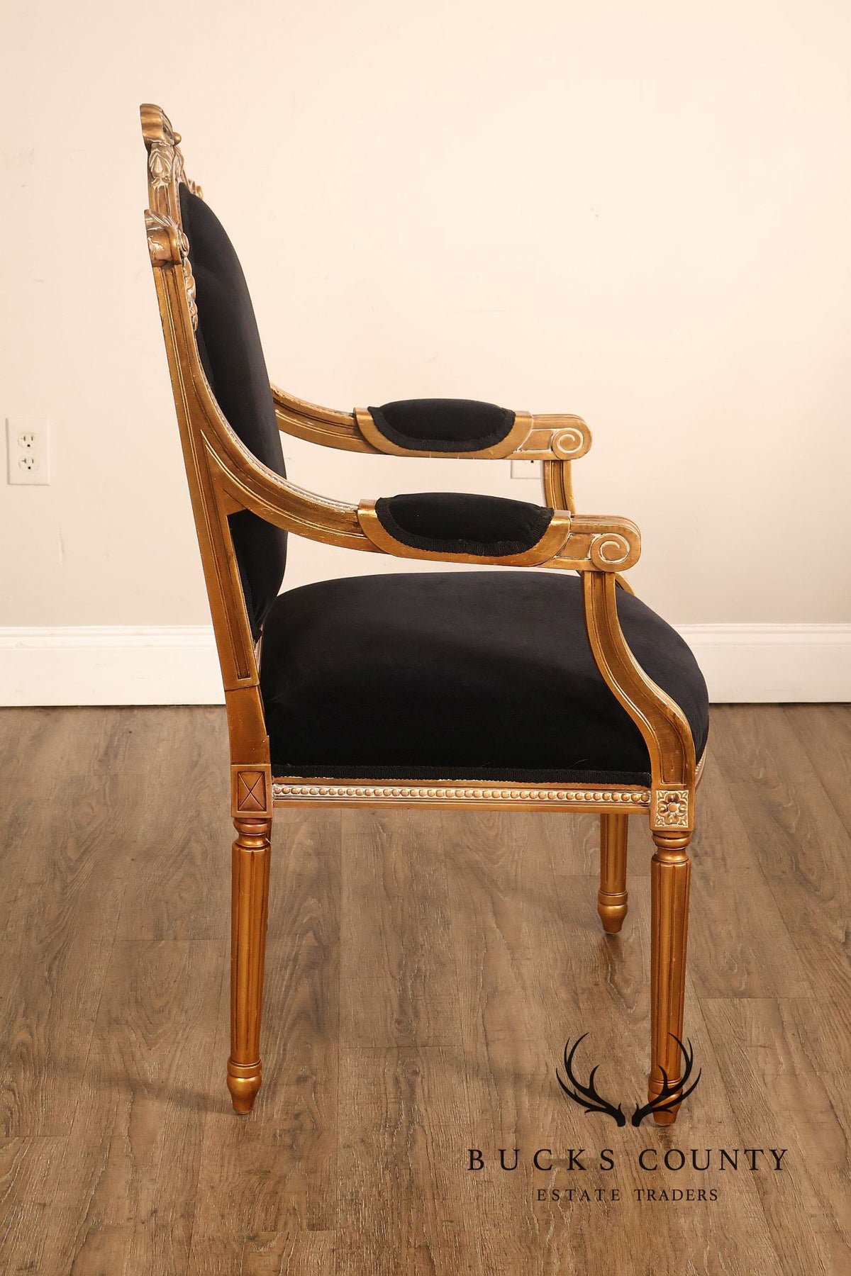Louis XVI Style Giltwood Armchair With Black Upholstery