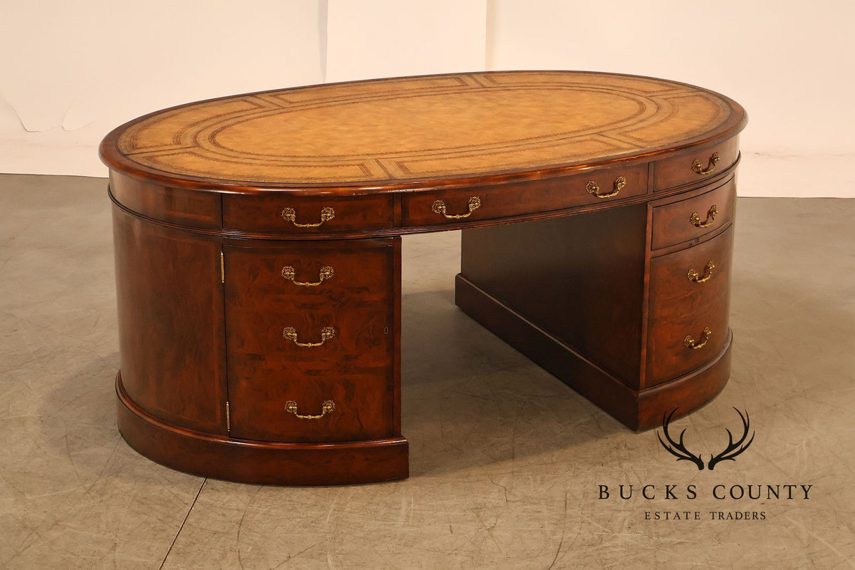 Maitland-Smith Oval Burl Wood Leather Top Partner Desk with Brass Hardware