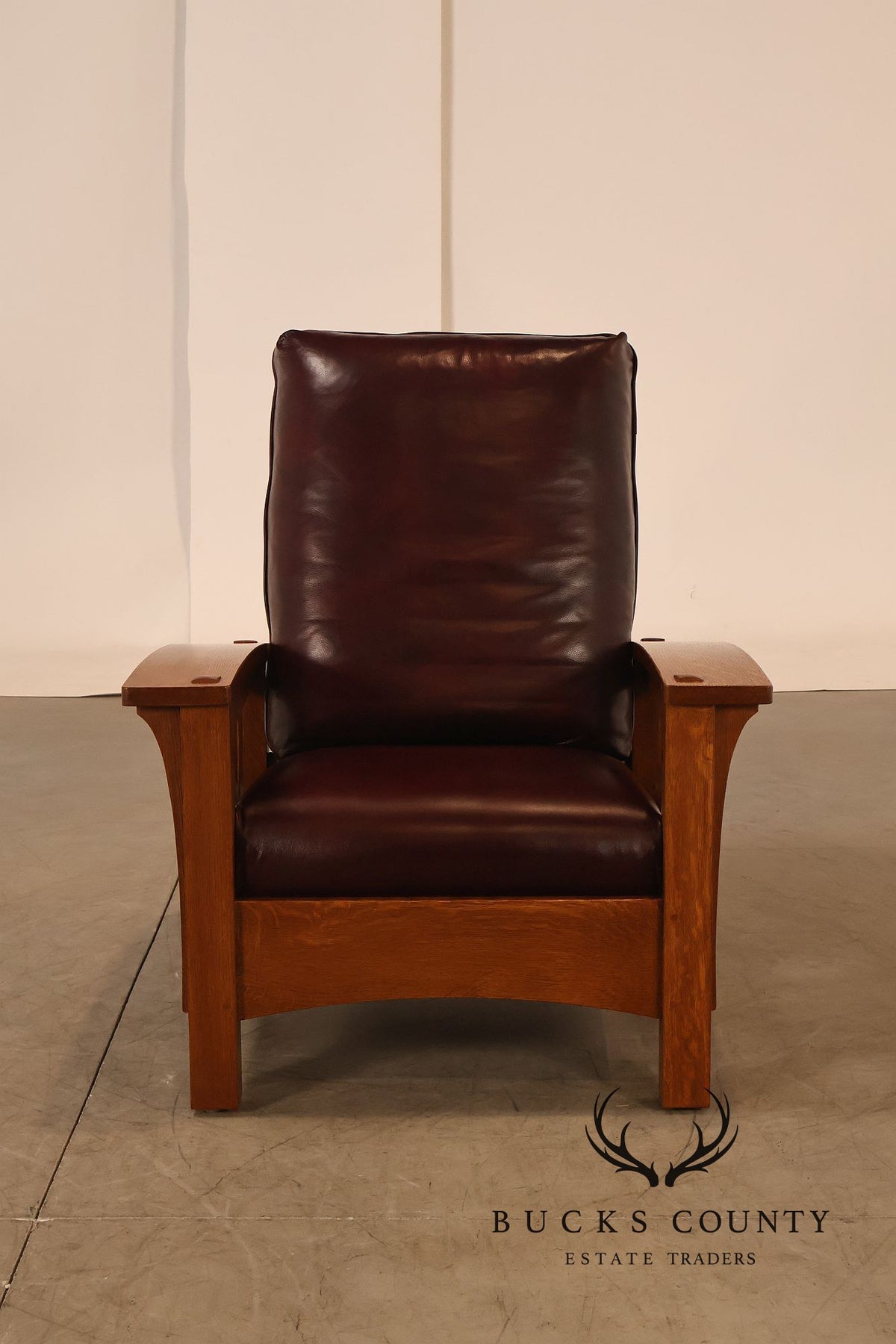 Stickley Mission Collection Pair Of Oak & Leather Bow Arm Morris Chairs