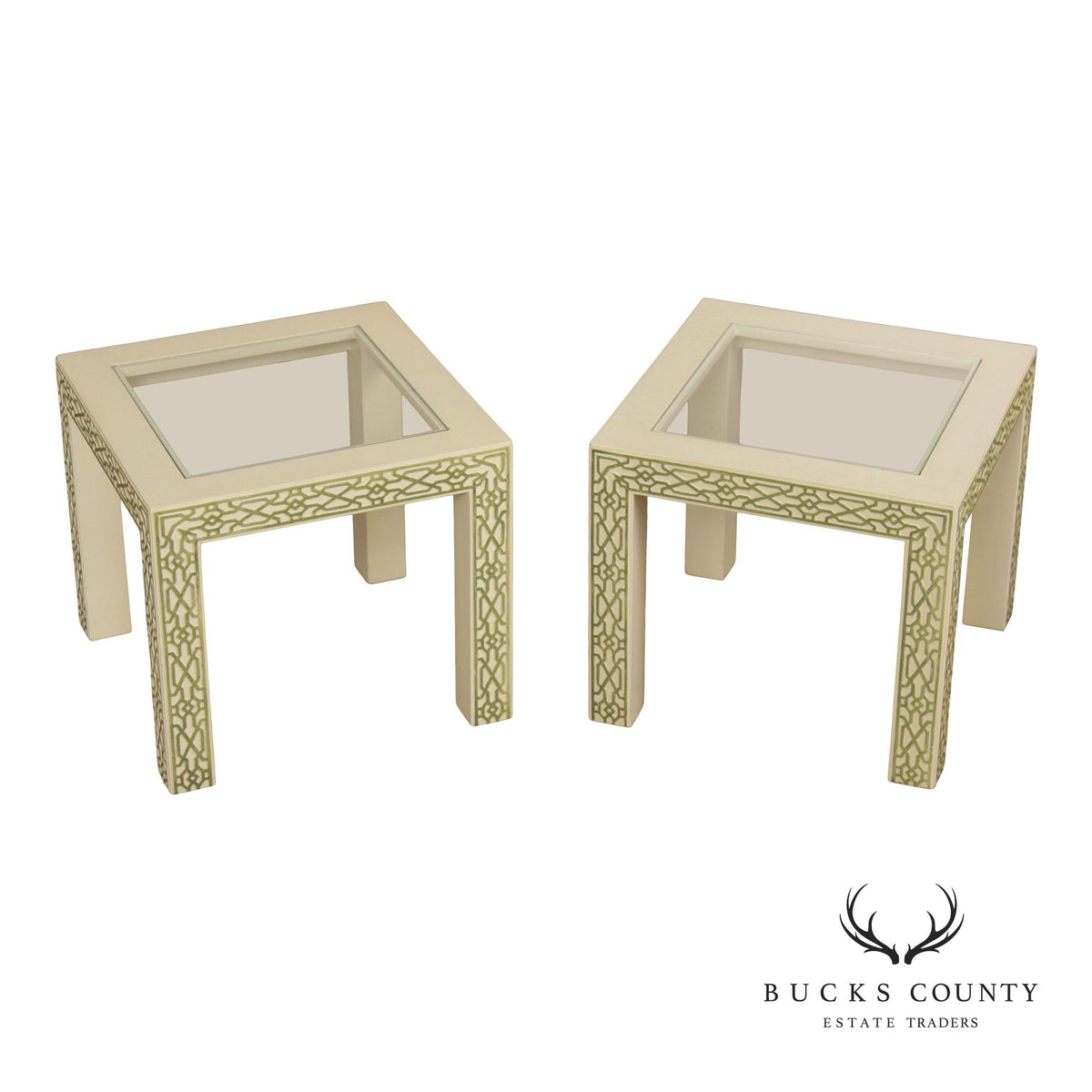 Hollywood Regency Pair Of Lacquered Greek Key Glass Top End Tables
