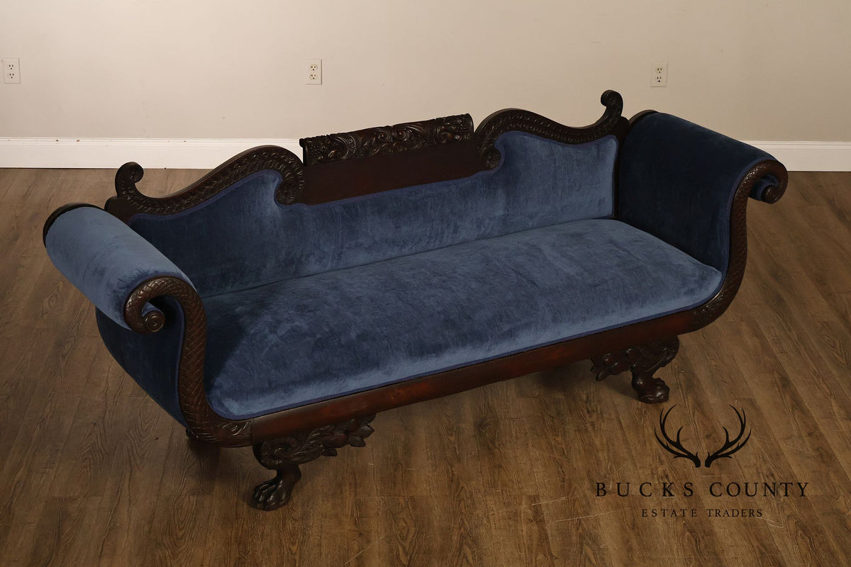 Antique American Empire Mahogany Carved Swan Arm Sofa With Blue Upholstery
