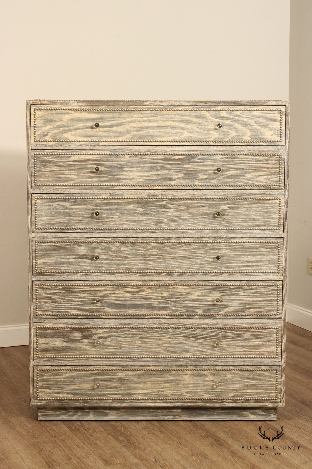 Mid Century Modern Cerused Oak High Chest with Nail Head Trim