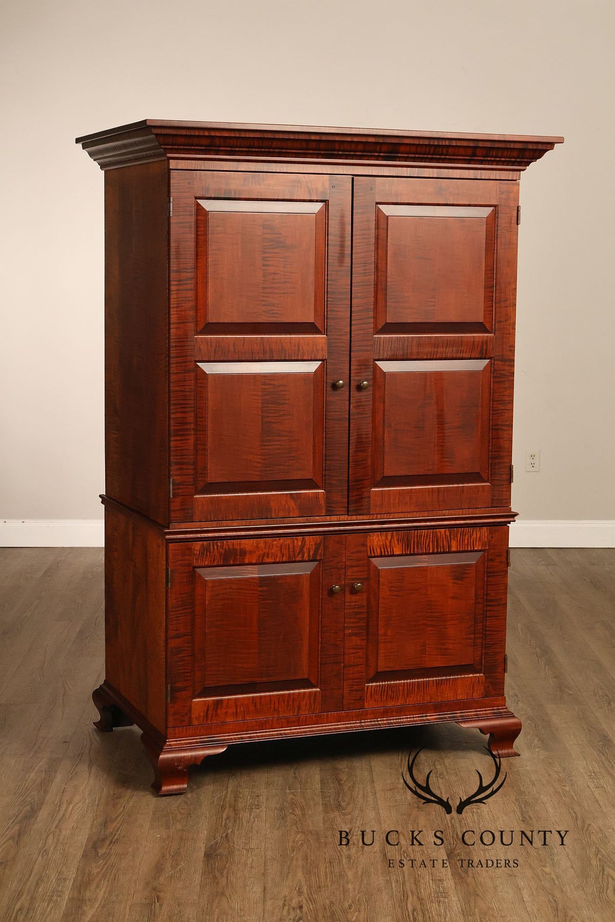 Custom Tiger Maple Two-Piece Four-Door Cabinet Armoire