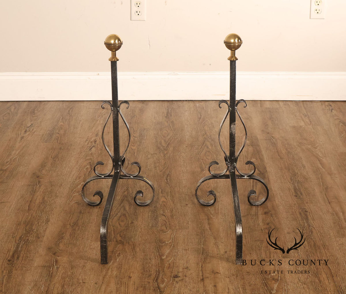 Pair of Italian Wrought Iron And Brass Fireplace Andirons