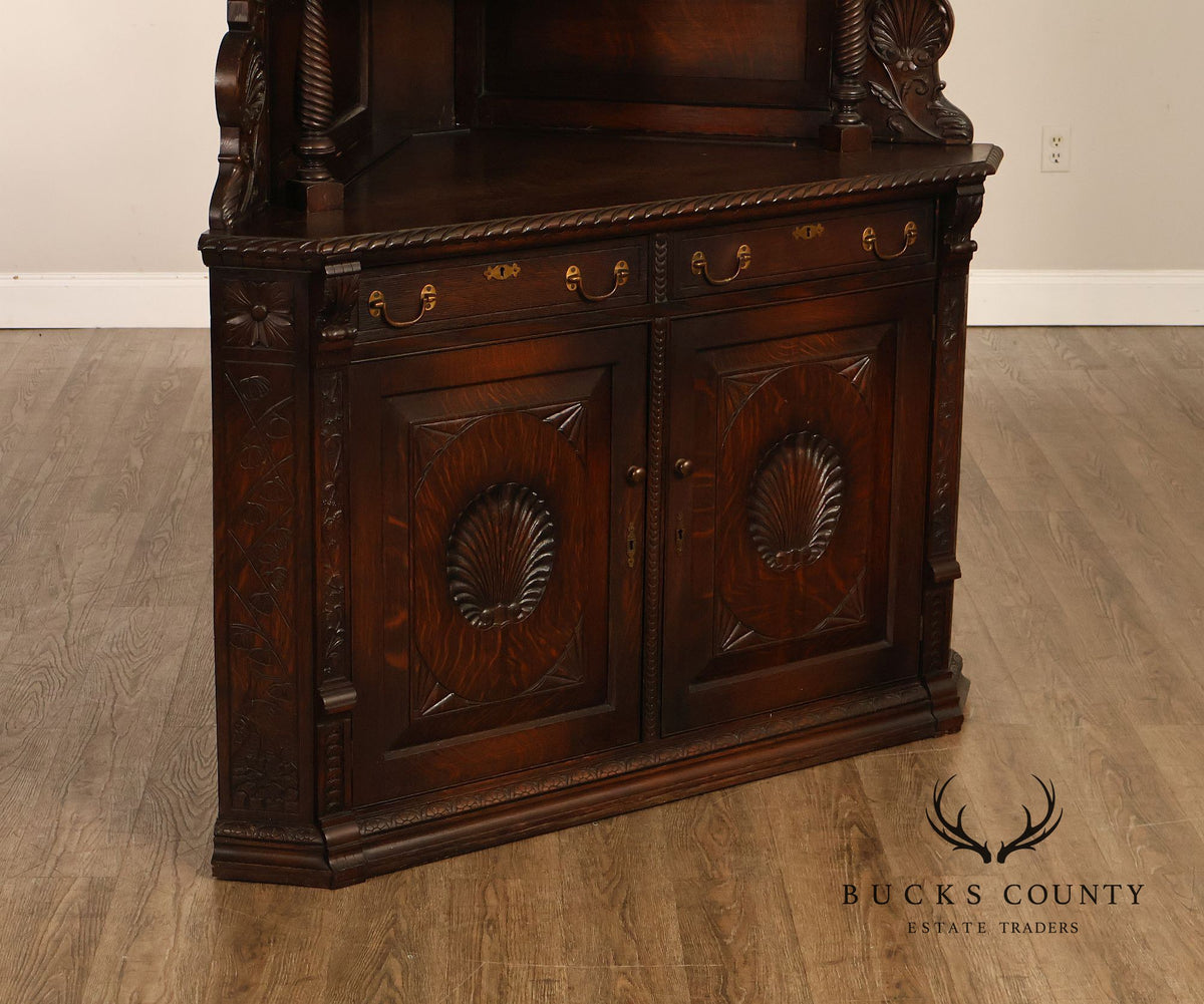 Antique RJ Horner Style Victorian Carved Oak Corner Cabinet