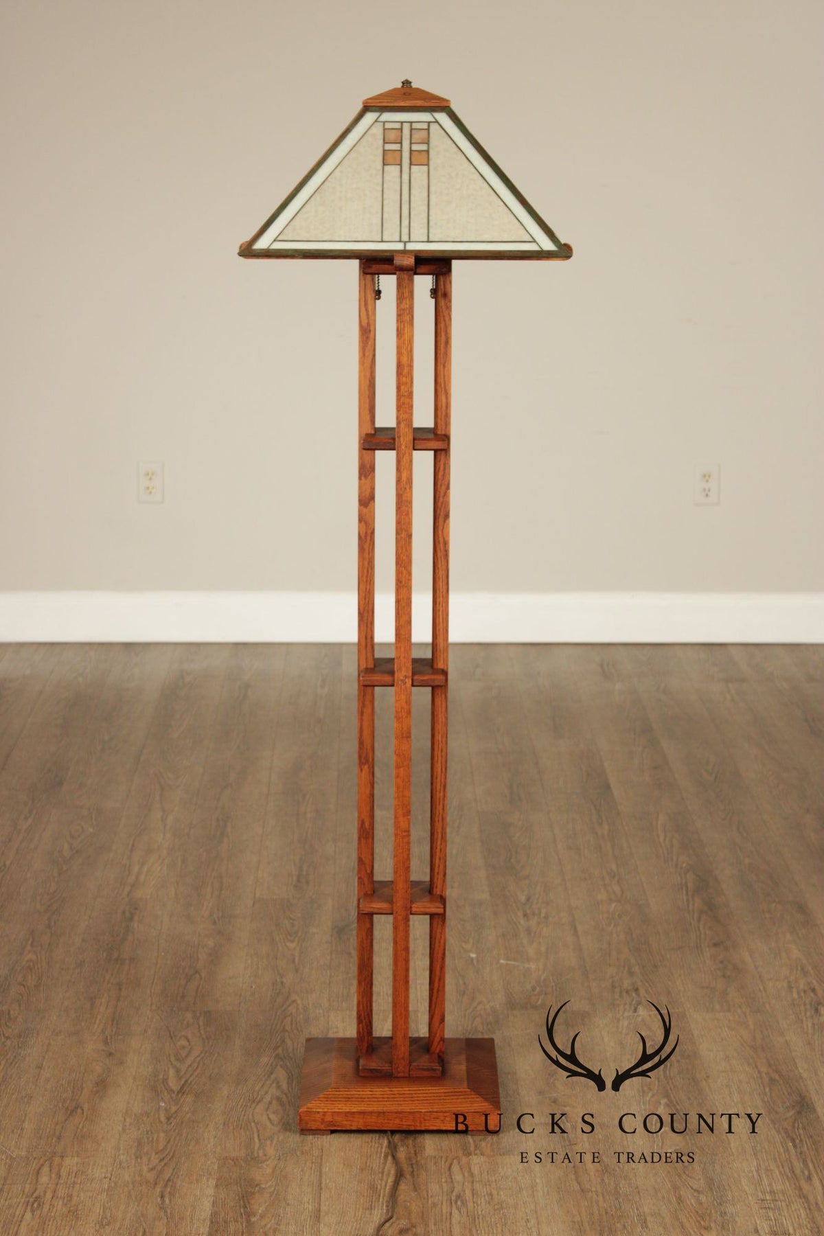 Pair Michael Adams – Aurora Studios Prairie School Oak & Stained Glass Floor Lamps