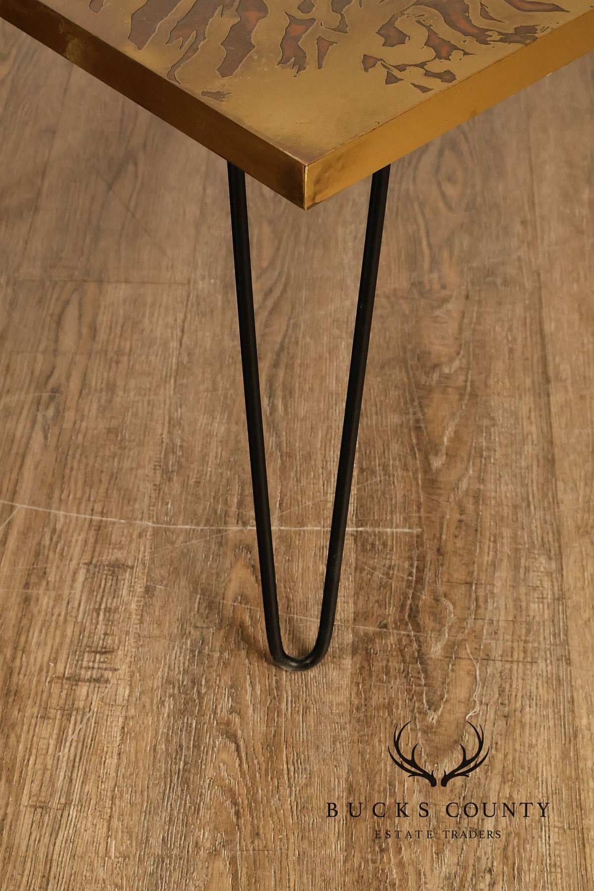 Mid Century Modern Acid Etched Brass Top Coffee Table With Hairpin Legs