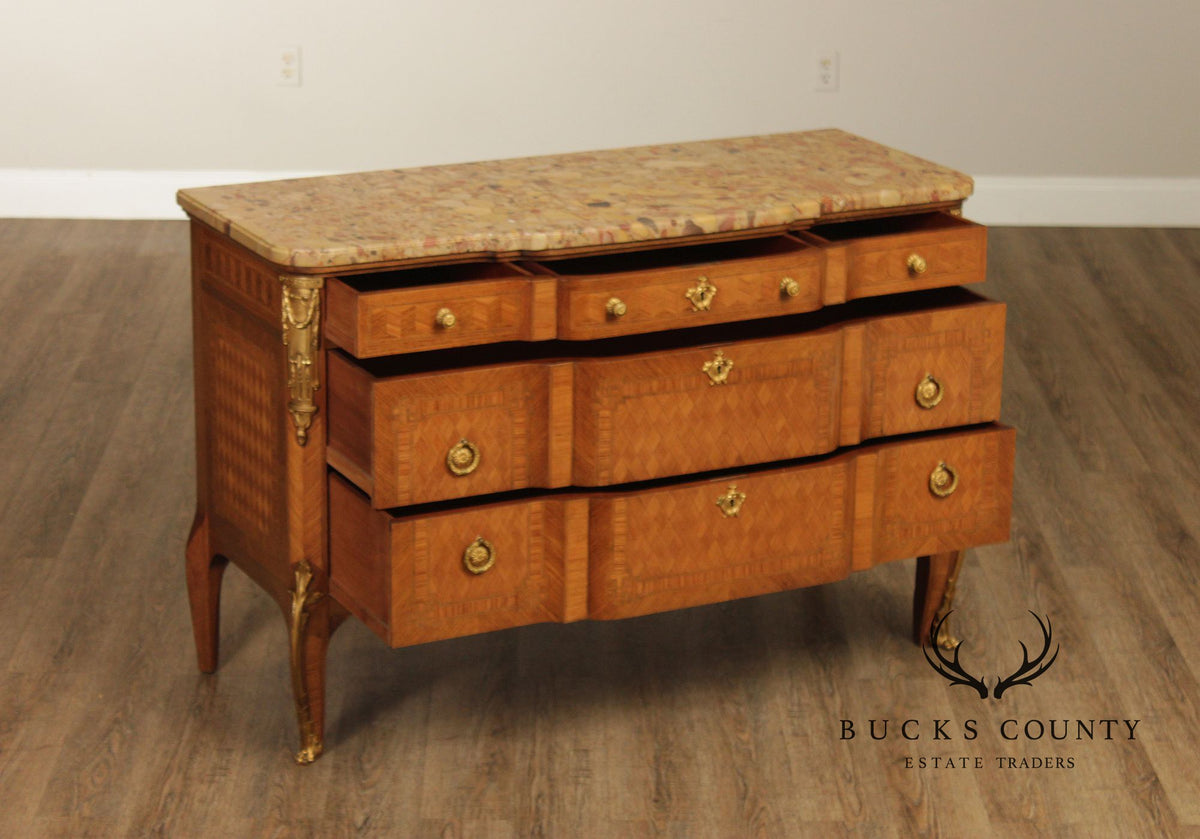 Antique French Louis XV Style Marquetry Marble Top Commode