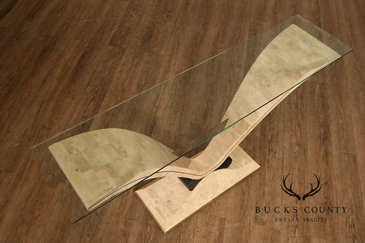 Postmodern Glass Top Travertine Console Table