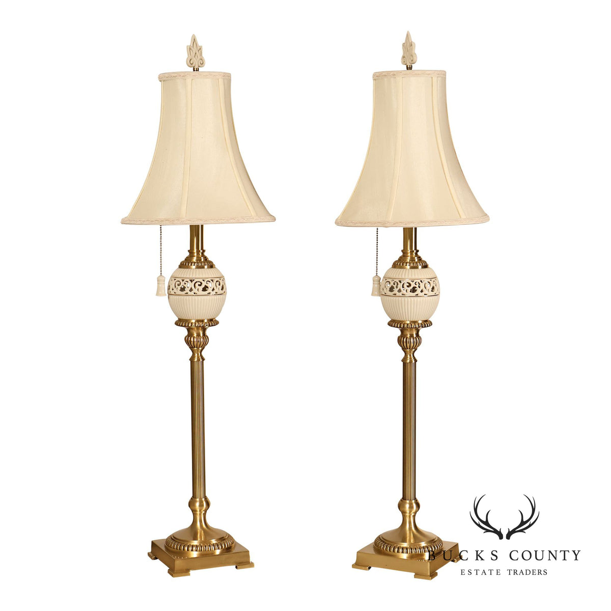 Lenox For Quoizel Pair of Brass and Porcelain Tall Table Lamps