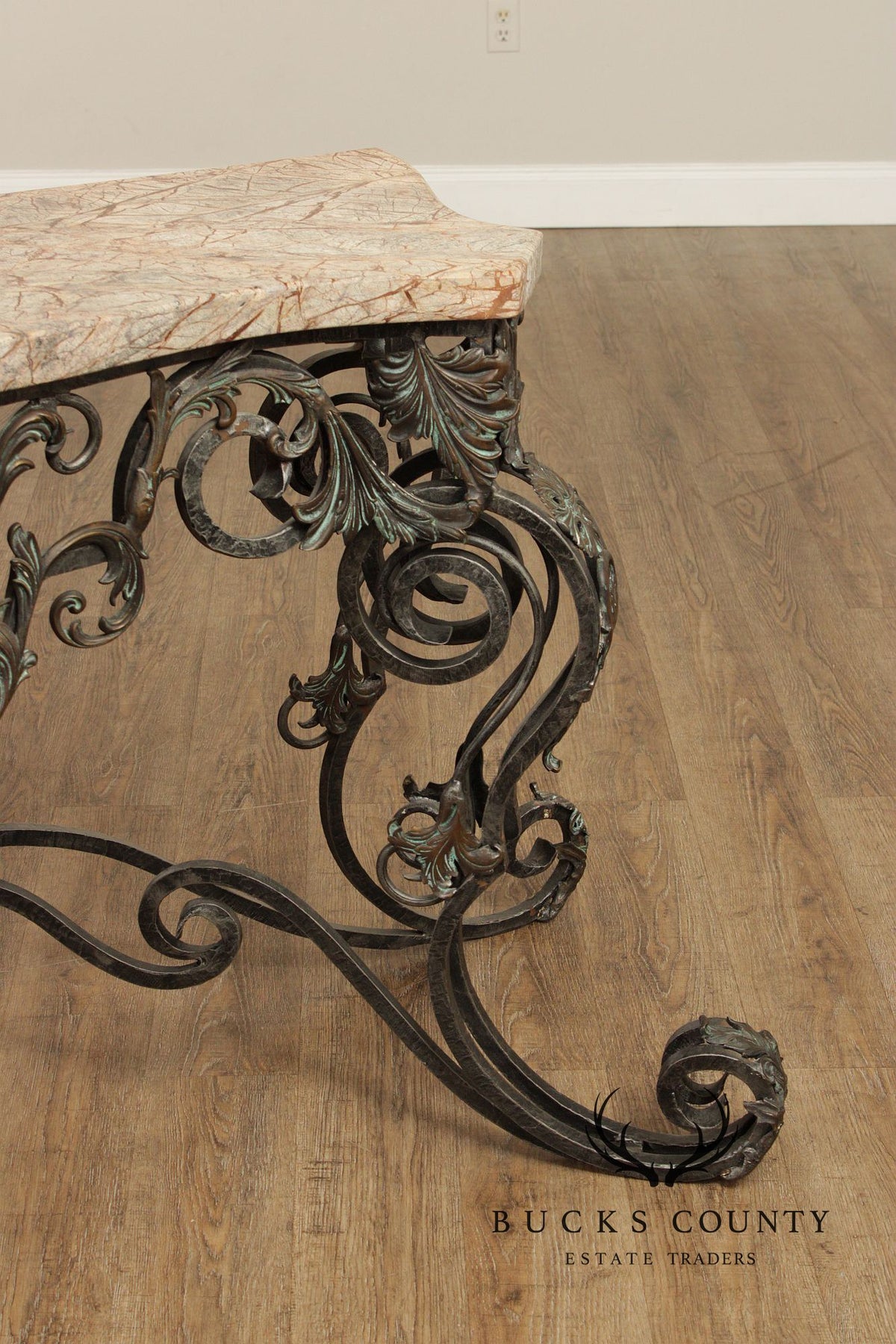 Maitland Smith Italian Rococo Style Scrolled Iron And Bronze Marble Top Console Table