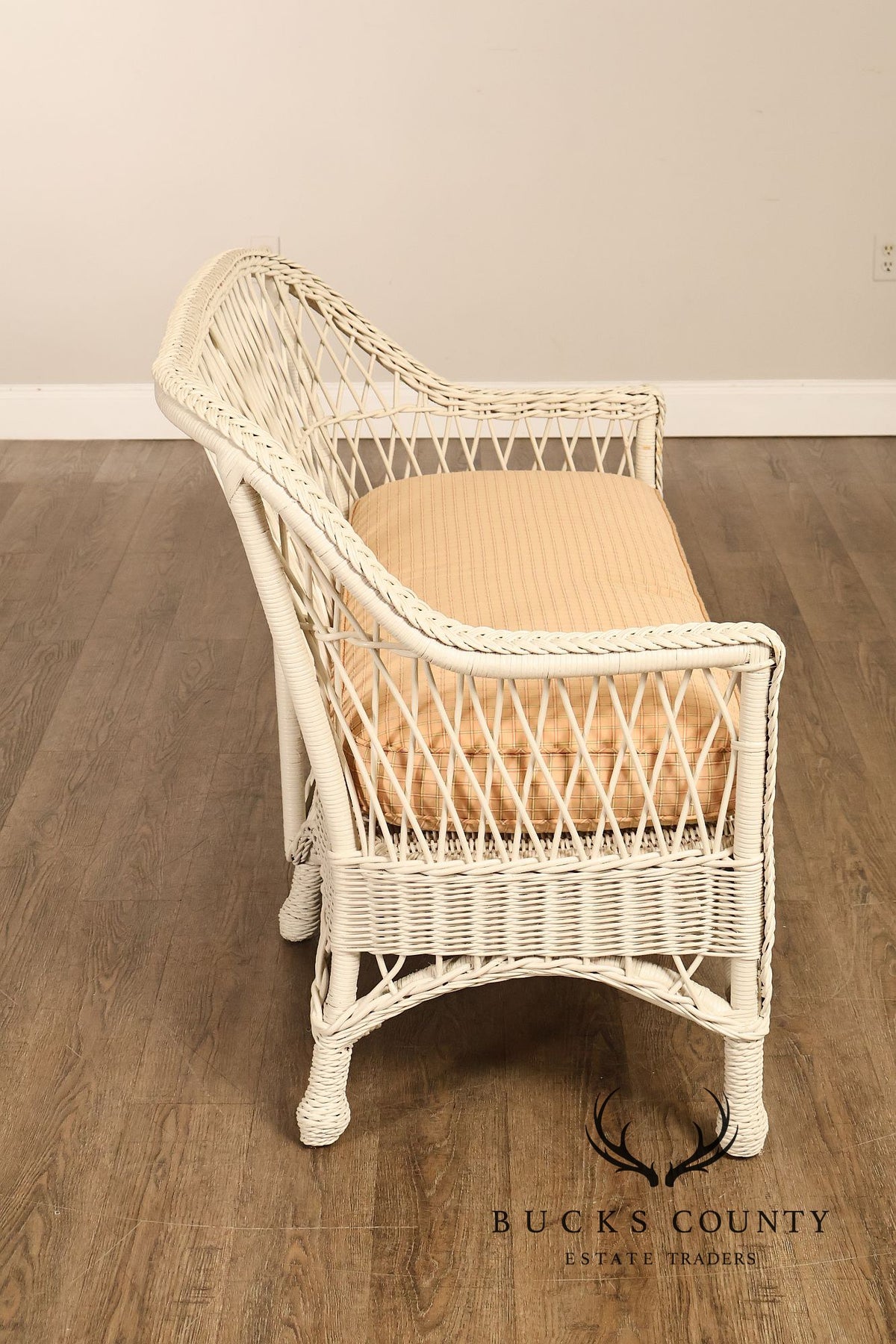 Vintage White Wicker Loveseat With Upholstered Seat Cushion