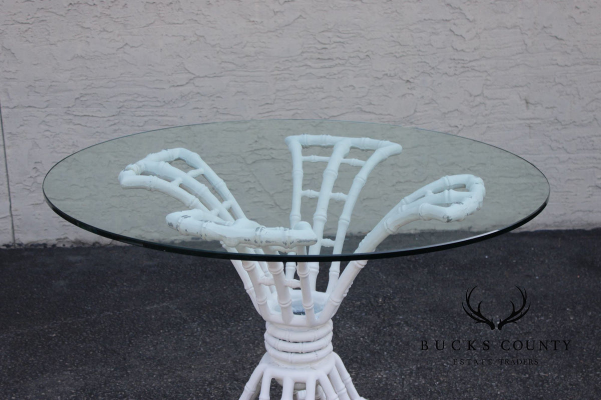 Hollywood Regency Cast Aluminum Faux Bamboo Round Glass Top Patio Table