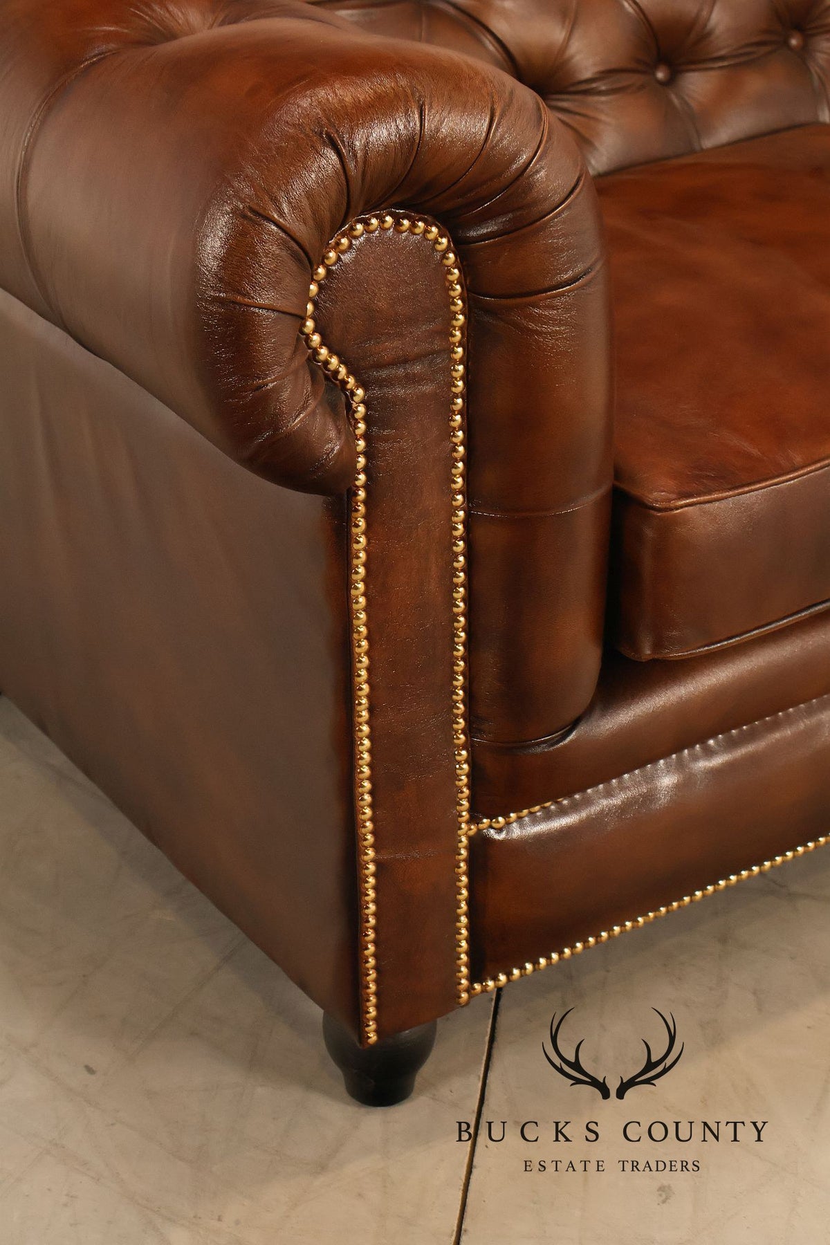 Chesterfield Style 6 Foot Cognac Brown Tufted Leather Sofa