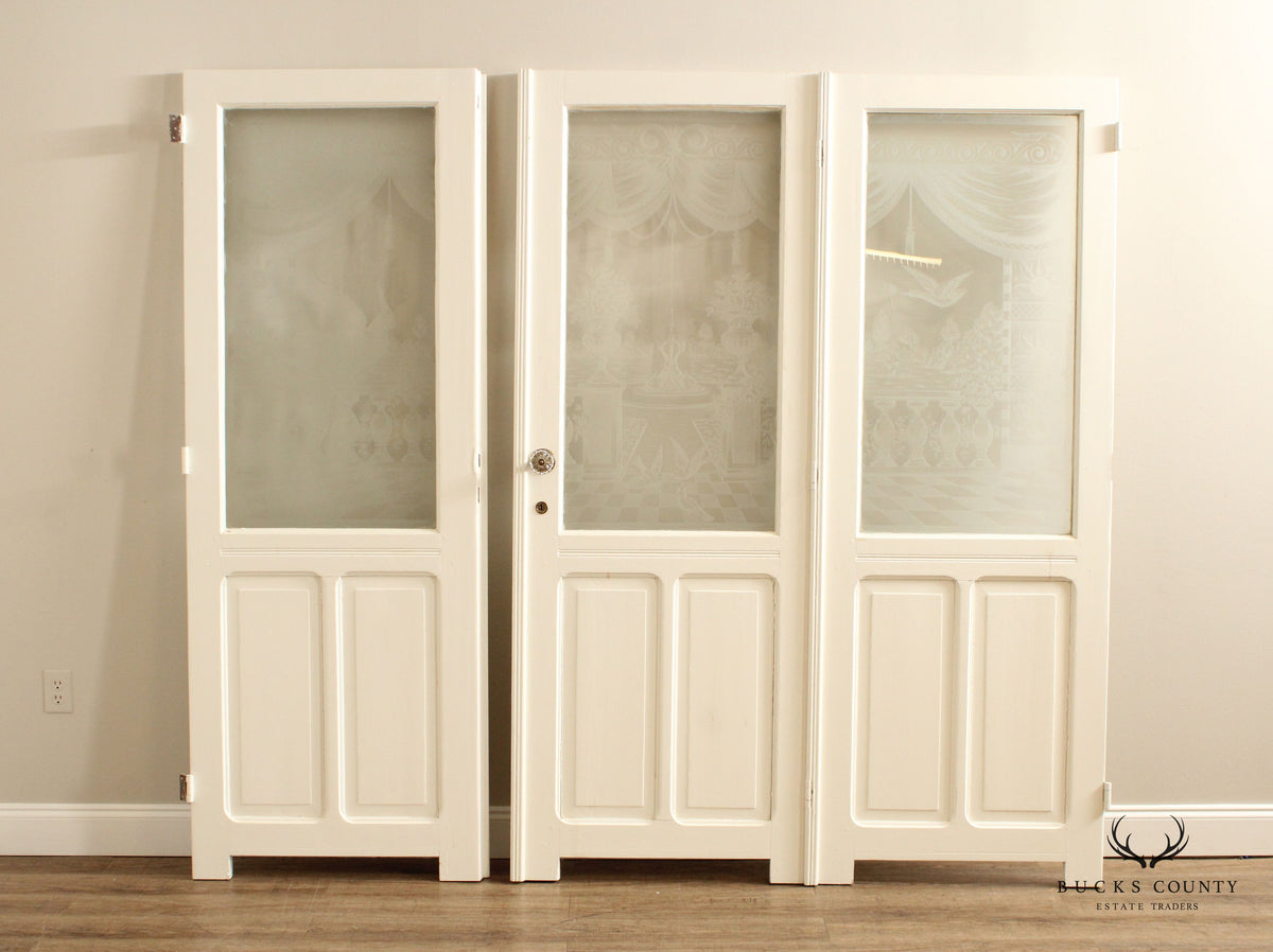 Antique French Set of Three Interior Etched Glass Doors