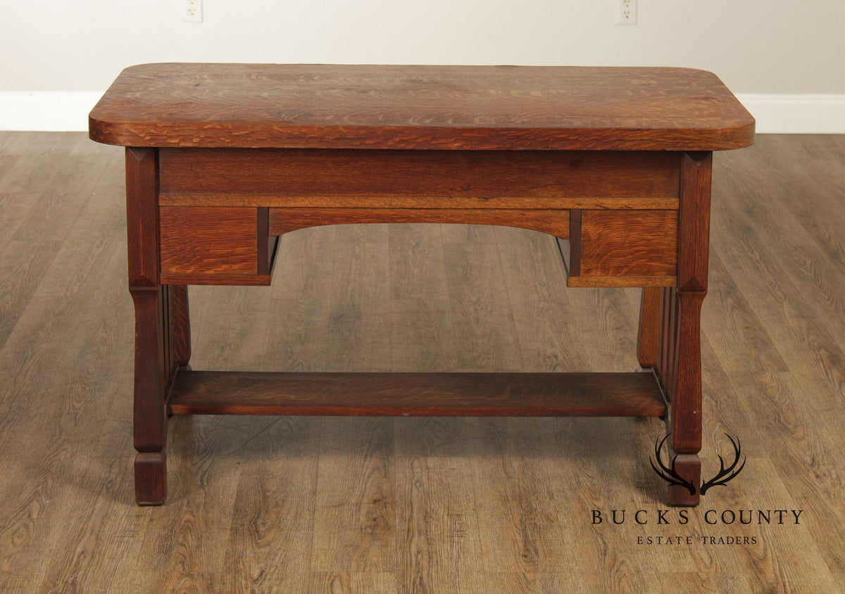 Antique Mission Arts & Crafts Quarter Sawn Oak 5 Drawer Library Table Desk