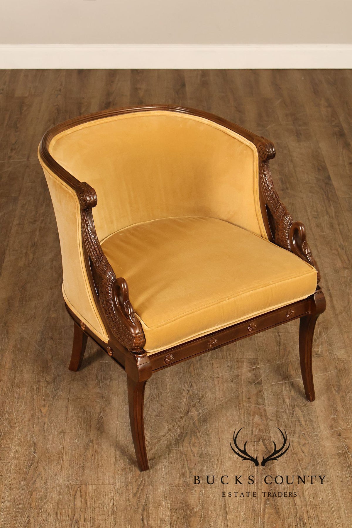 Pair Of French Empire Style Carved Mahogany Swan Motif Barrel Back Club Chairs In Gold Velvet