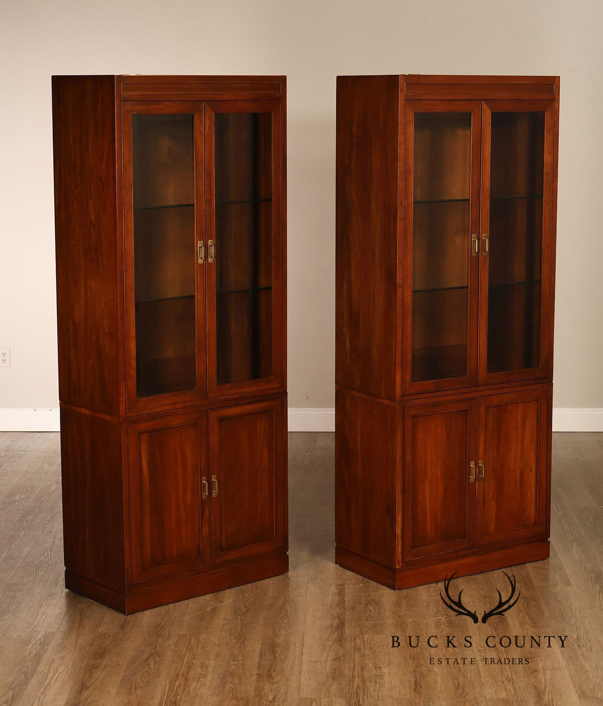 Ethan Allen Campaign Style Pair Of Display Curio Cabinets