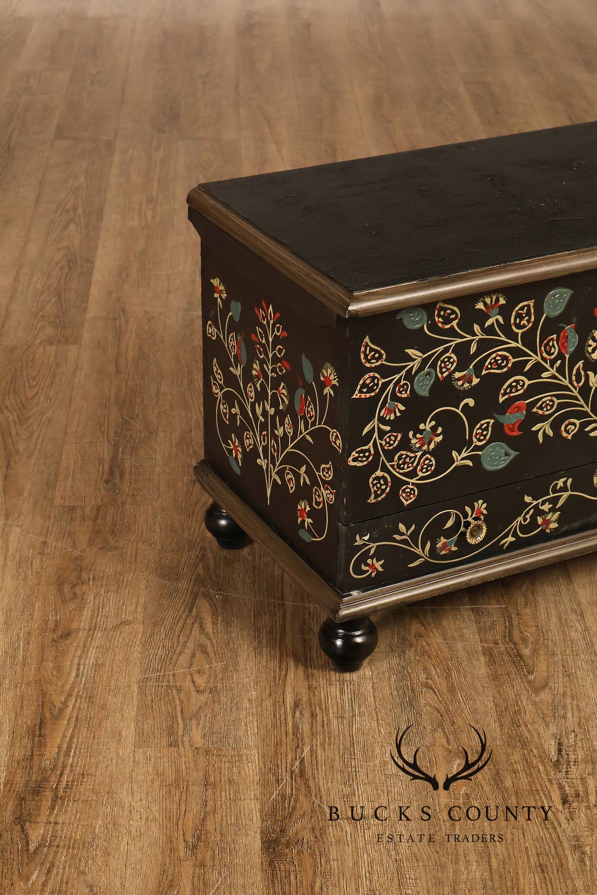 Hand Painted Black Floral Decorated Blanket Chest With Drawer