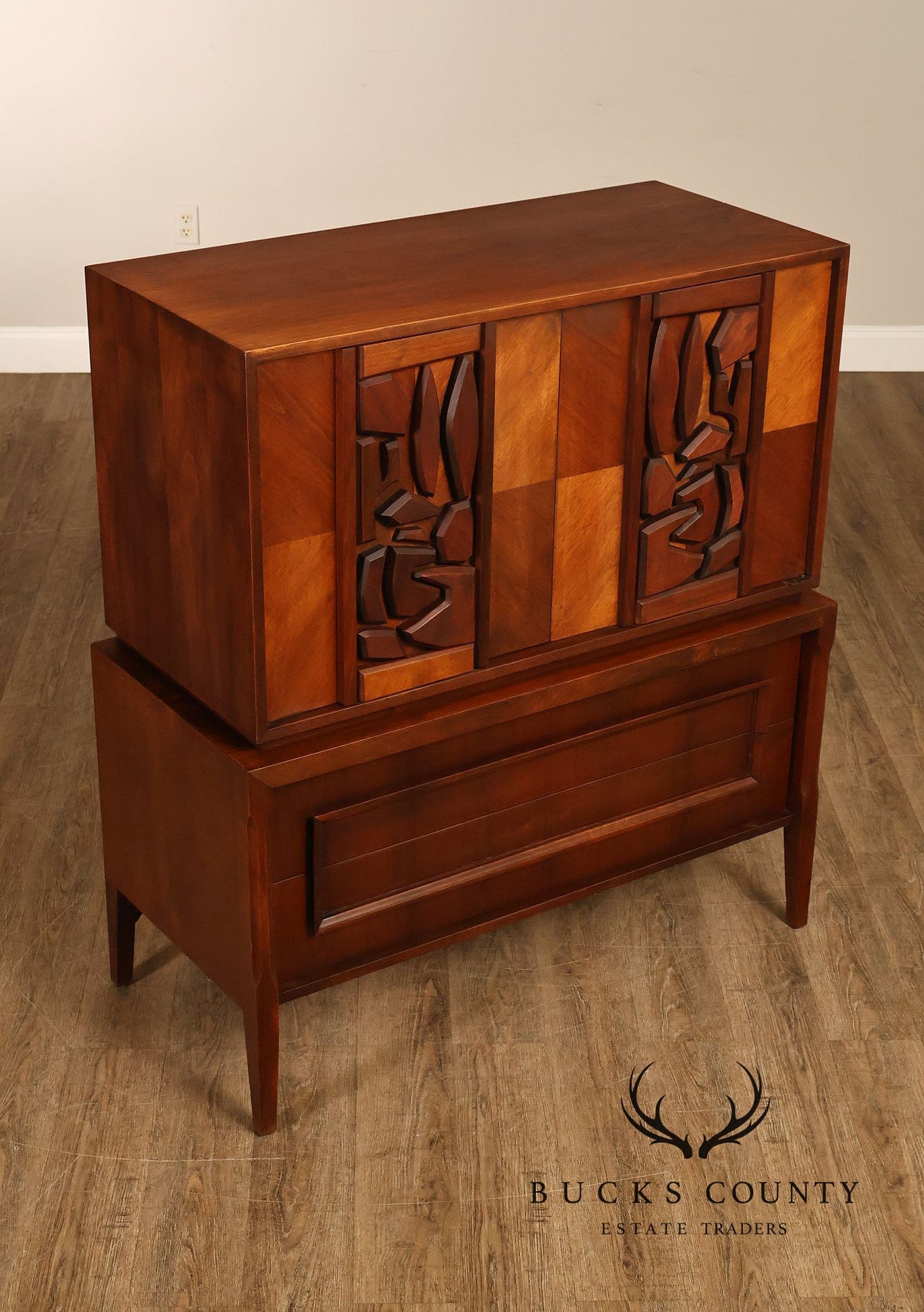 United Furniture 'Tiki' Brutalist Sculpted Walnut Tall Chest