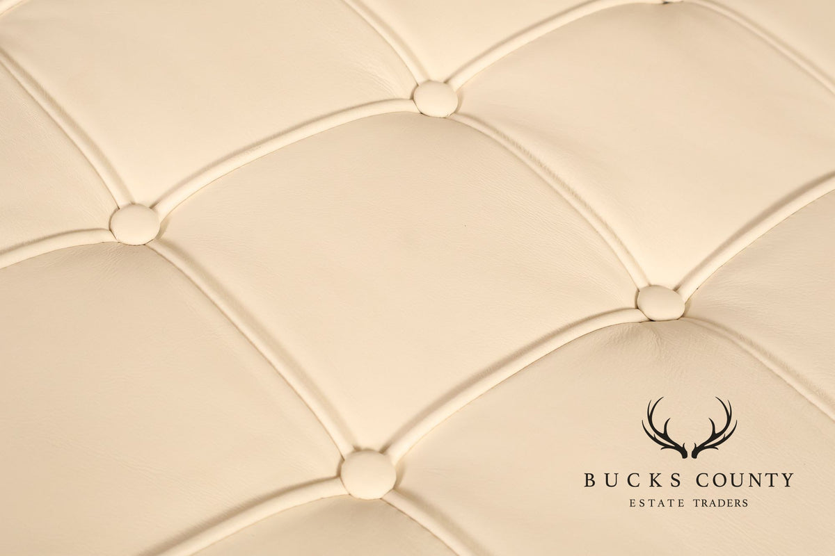 White Barcelona Style Pair Of Leather Stools With Chrome Bases