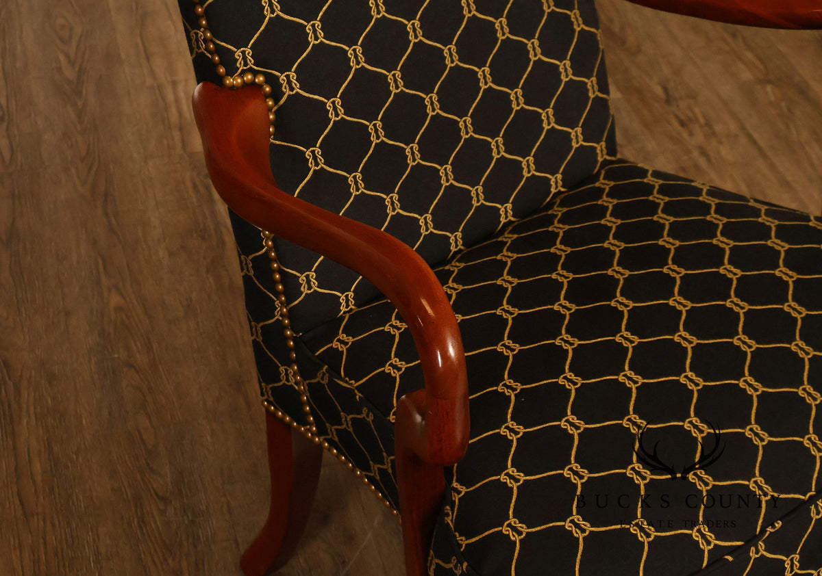 Queen Anne Style Pair Of Tall Back Upholstered Armchairs