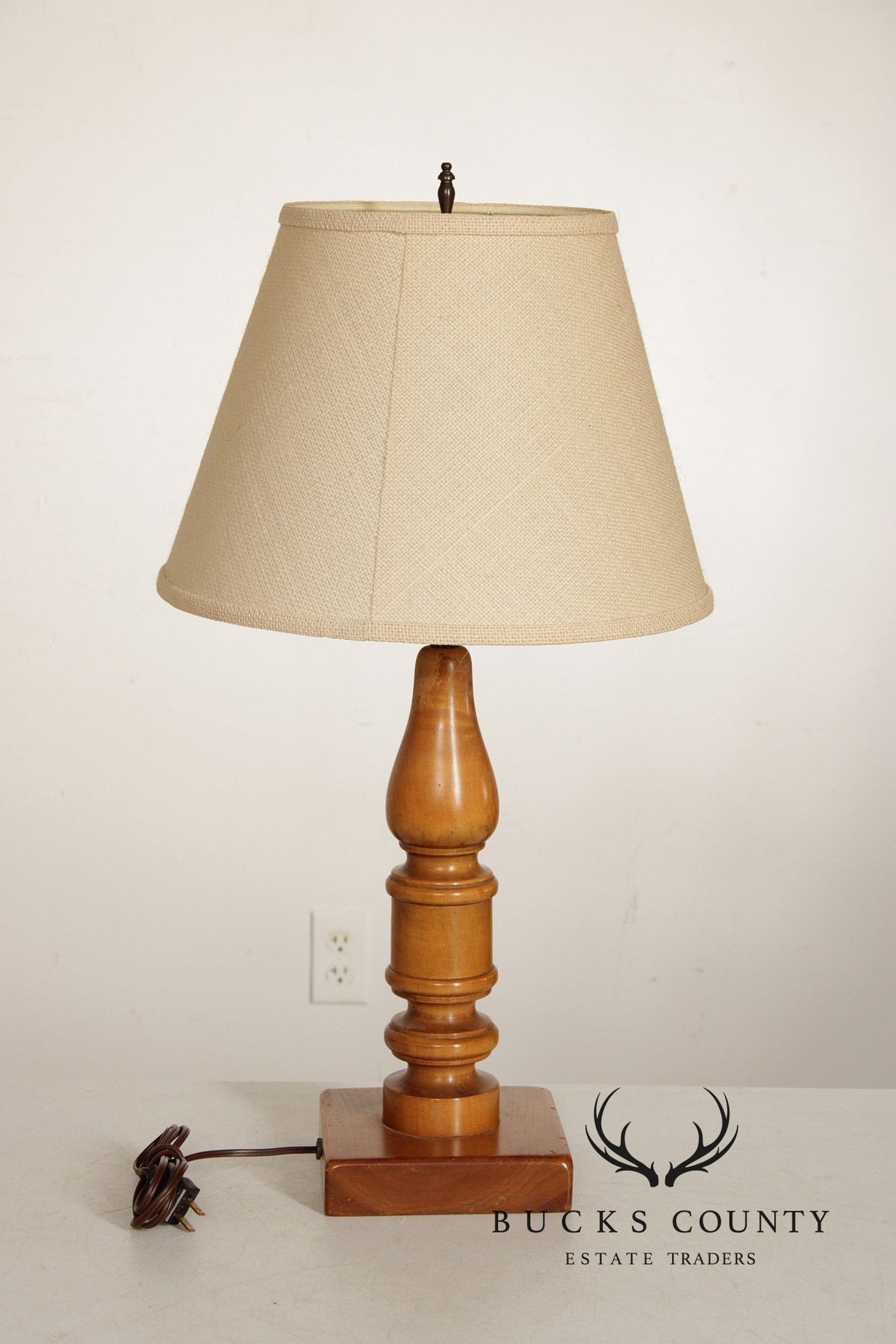 Colonial Revival Pair of Turned Cherry Wood Table Lamps
