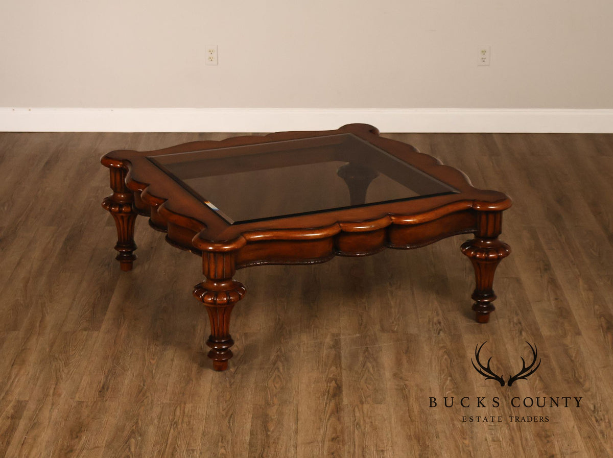 Mediterranean Style Carved Wood And Glass Square Coffee Table
