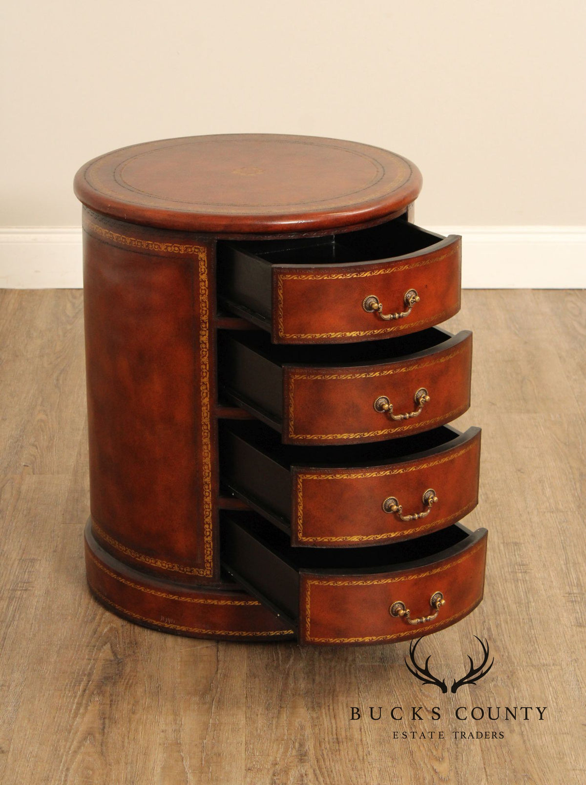 Regency Style Leather Wrapped Drum Table