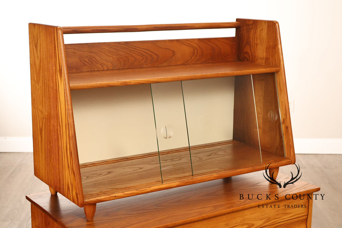 Mid Century Modern Two-Piece Oak and Glass China Cabinet