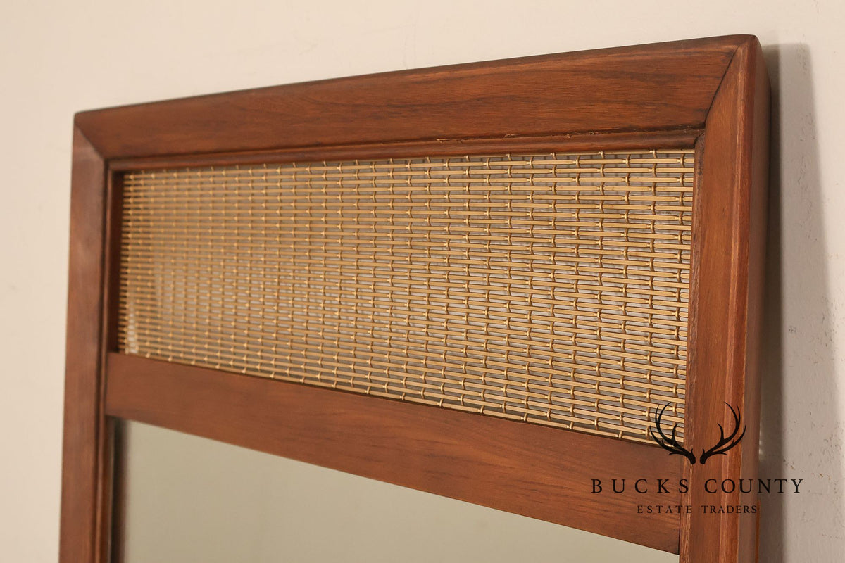 Mid Century Modern Pair of Walnut and Woven Brass Wall Mirrors