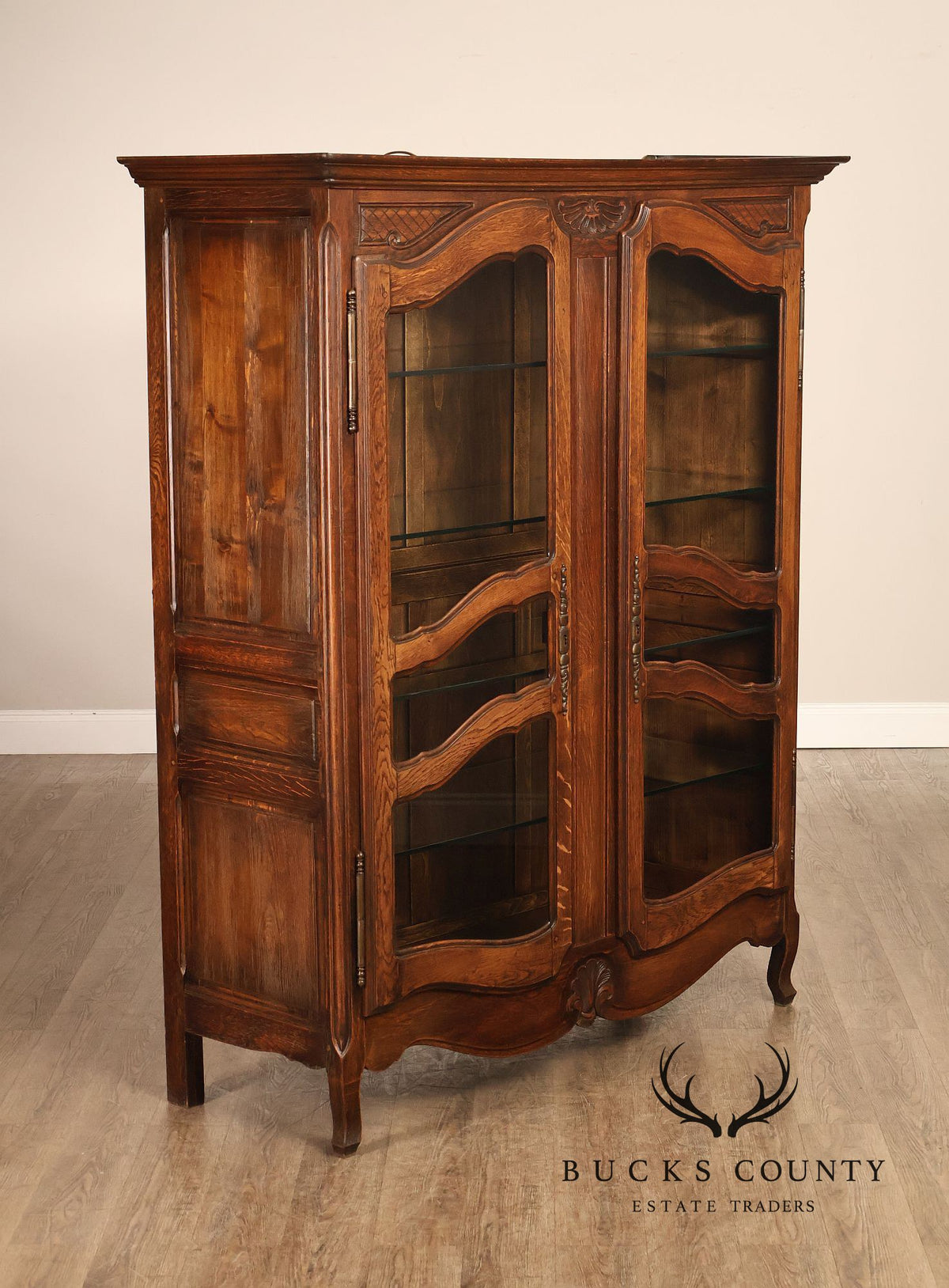 French Country Louis XV Style Vintage Oak China Display Cabinet
