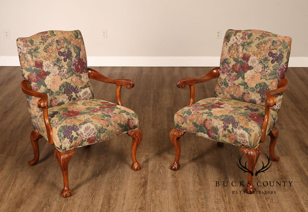 Chippendale Style Pair of Carved Frame Library Armchairs