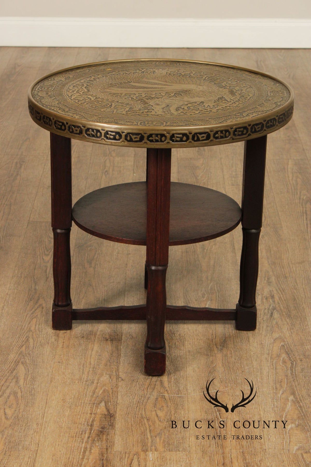 Chinese Style Bronze Top And Wood Base Accent Table With Dragon Motif