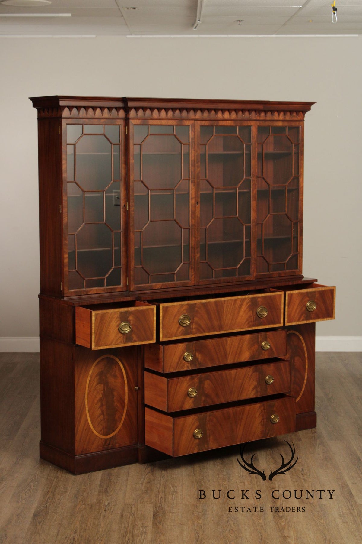 1940's Georgian Style Mahogany Breakfront Secretary Bookcase With Inlaid Detailing