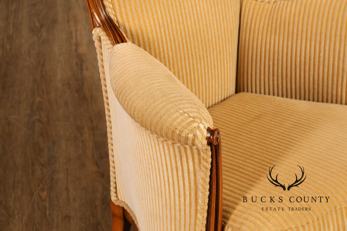 Medea Furniture Pair of Louis XVI Style Carved Bergere Armchairs With Gold Striped Velvet Upholstery